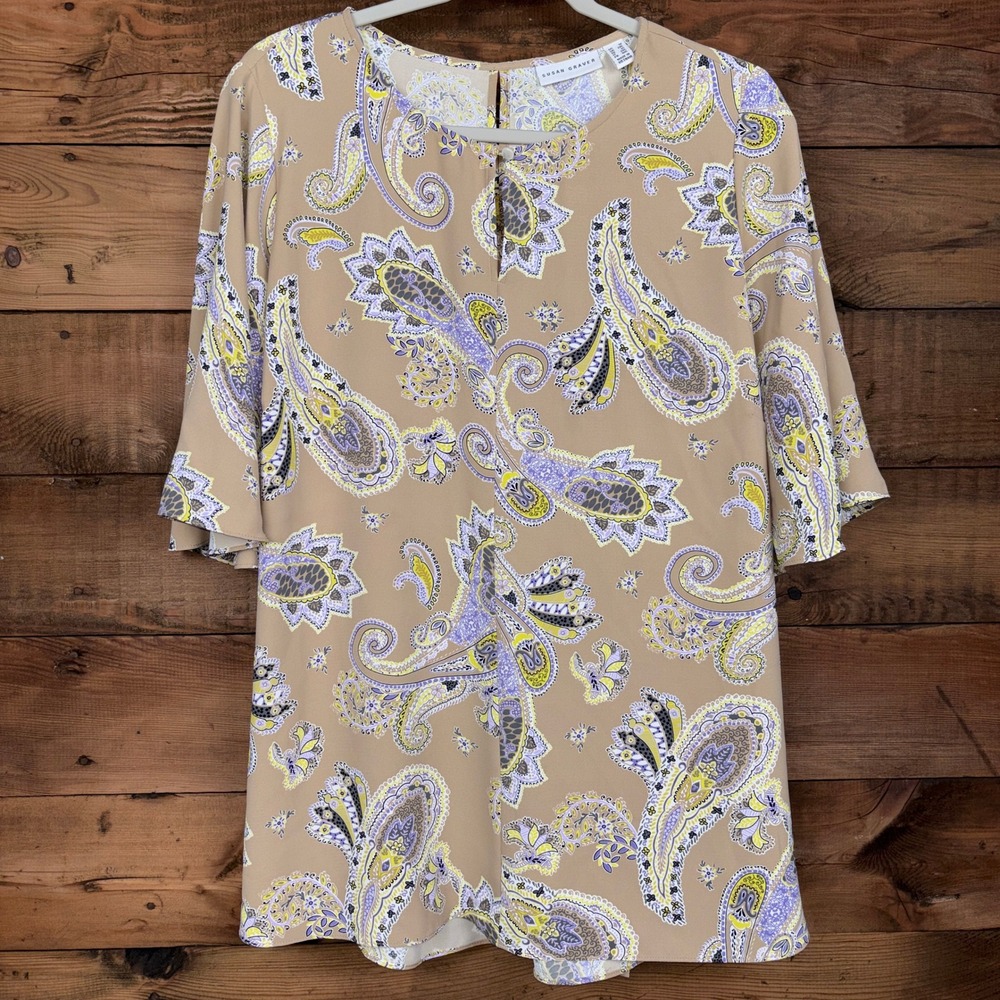 Susan Graver Blouse Womens 1X Paisley Bell Sleeve Tie Back Keyhole Boho